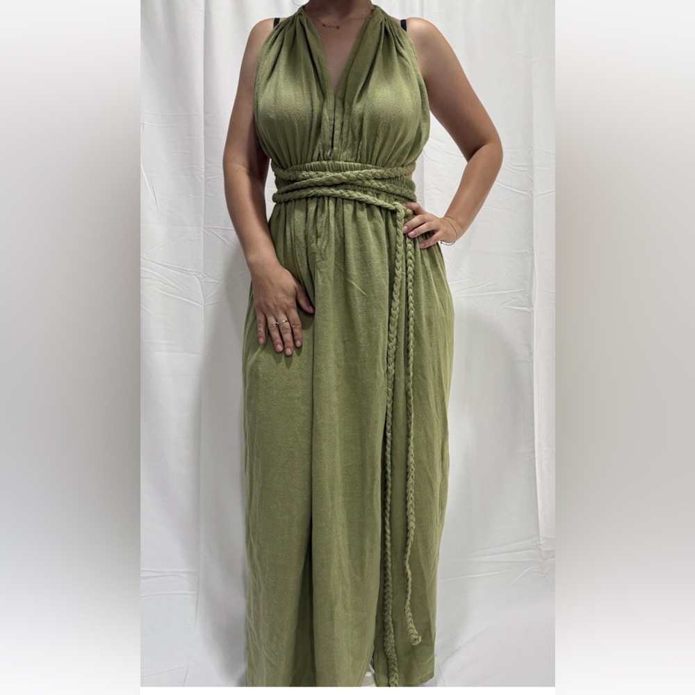 Boho Sage Green Long Dress with Braided Straps – One Size by Blanca